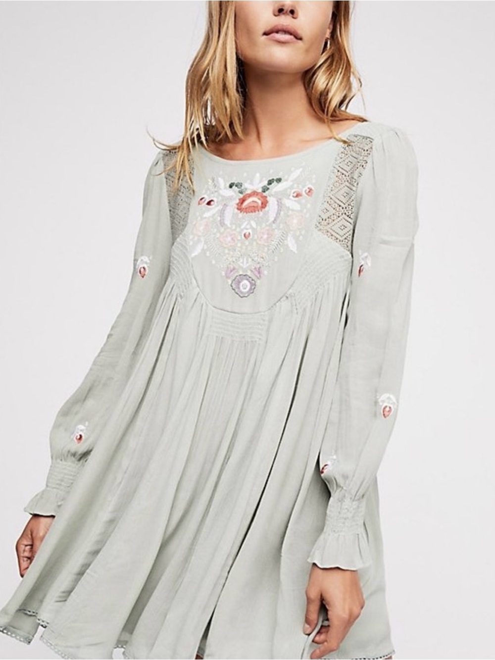 Free People Boho Mohave Moya dress Embroidered Long-Sleeve Swing Dress in Sage - Picture 3 of 4